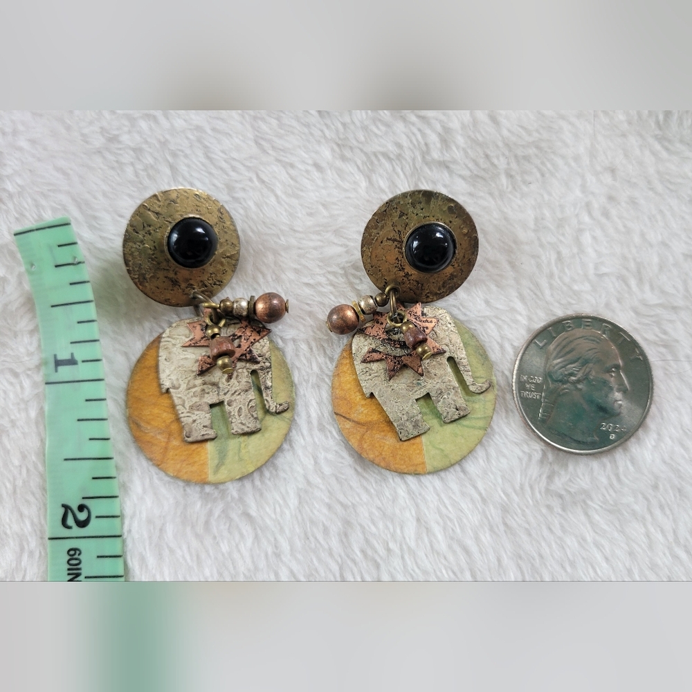 NWOT Artisan Boho Multi Tone Abstract Metal Elephant Disc Drop Earrings - Picture 4 of 5